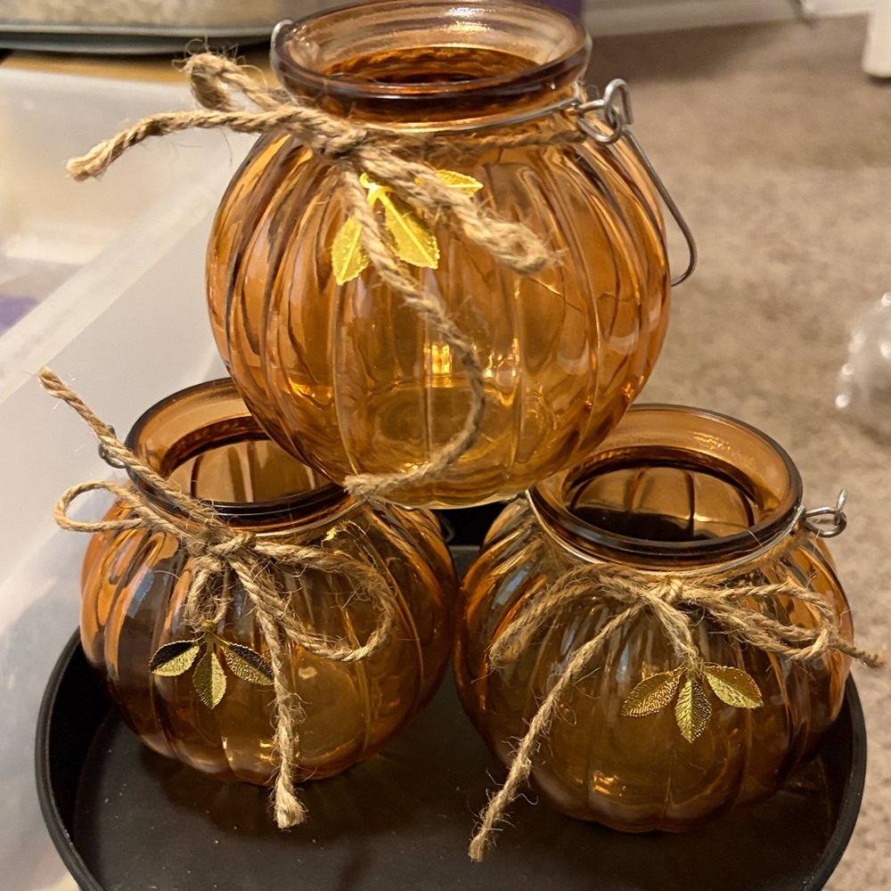 Amber Glass Candle Holders with Leaf Accents Set of 6